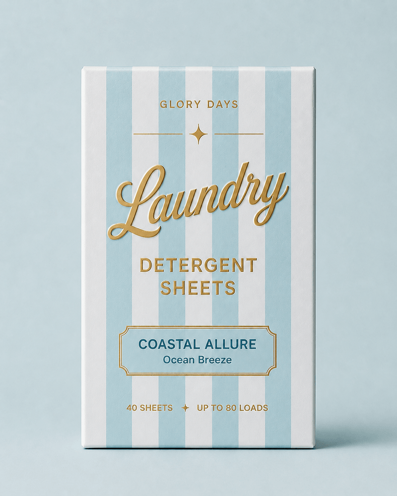 Glory Days Coastal Allure eco laundry detergent sheets, plastic-free box