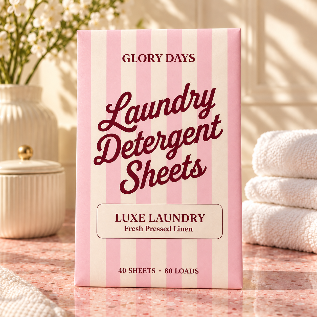 Glory Days Luxe Laundry detergent sheets in pink striped packaging