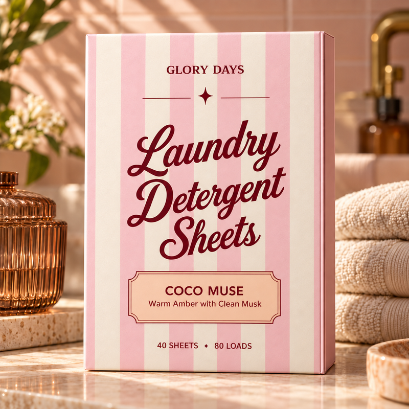 Glory Days Coco Muse laundry detergent sheets, pink striped packaging, 40 sheets and 80 loads.
