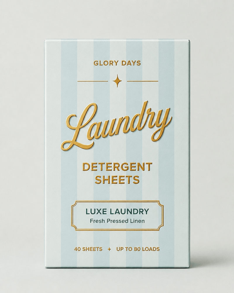 Glory Days Luxe Laundry eco laundry detergent sheets, plastic-free box